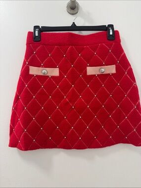 Maje Red Quilted Mini Skirt with Pink Tab Accents